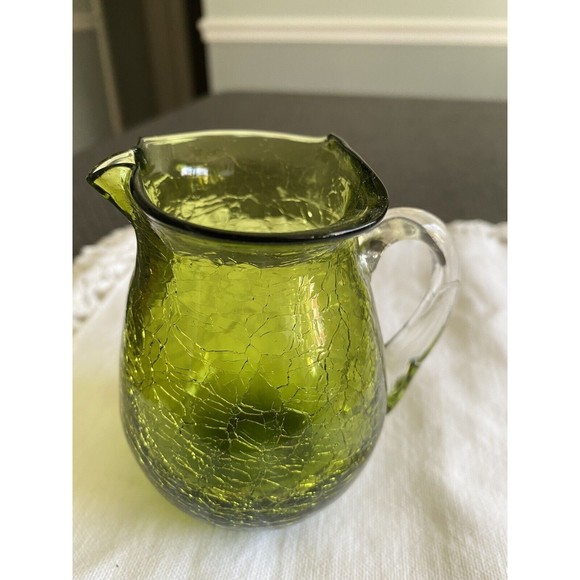Vintage Green Crackled Glass Pitcher Creamer Applied Handle - Picture 2 of 9